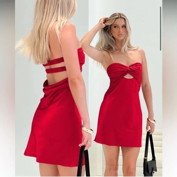 Princess Polly Shellie Satin Strapless Mini Dress NWT Red Size 6 - Picture 3 of 10